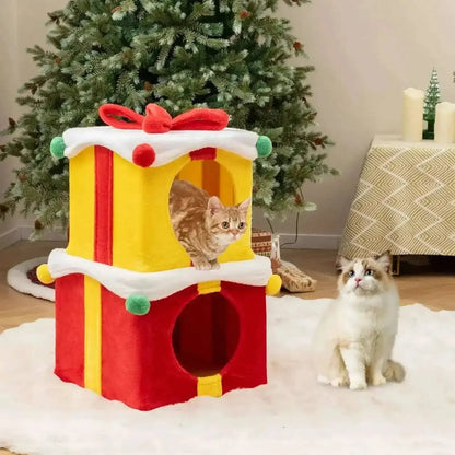 Christmas Cat House Gift Box with Bow - Festive Double-Tier Design
