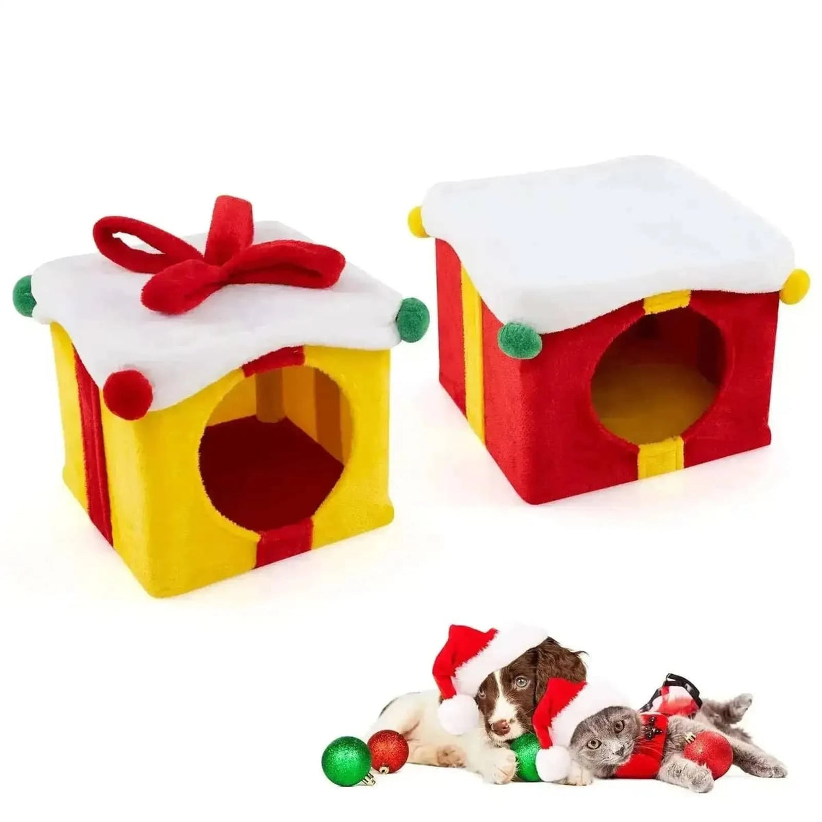 2 Gift Box Shaped Cute Christmas Cat House with Bow-Multicolor Cartsfy Inc.