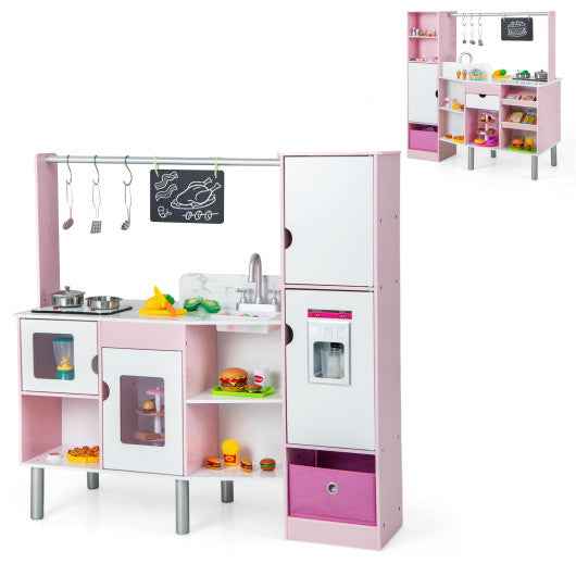 2-in-1 Double-sided Kids Kitchen and Market with Realistic Light and Sound-Pink Cartsfy Inc.
