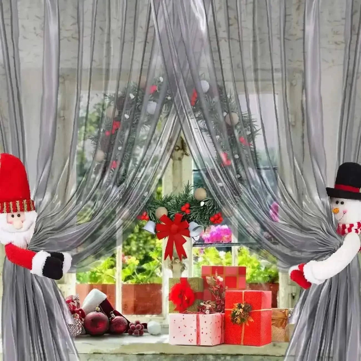 2-Pack: Christmas Curtain Buckle Doll Santa & Snowman décor