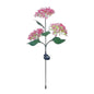 Hydrangea solar LED flower light with three pink hydrangea heads and green leaves.
