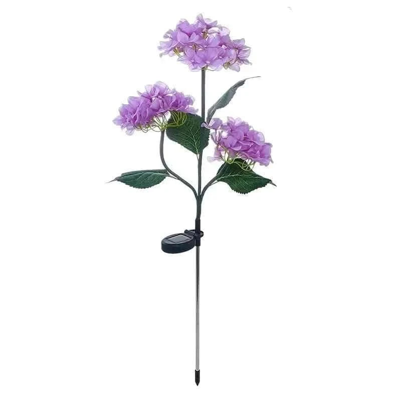 Hydrangea solar LED flower light with three purple hydrangea heads and green leaves.