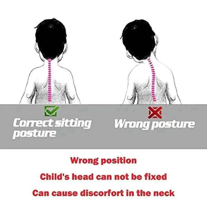 Infographic showing correct sitting vs wrong posture for kids head support strap