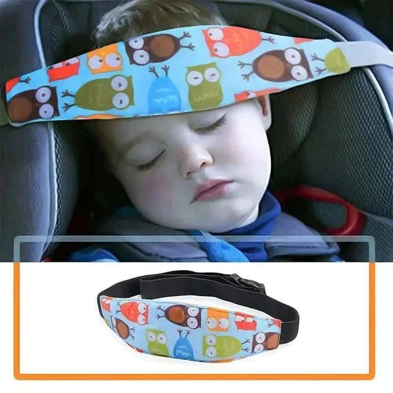 Kids head support band with blue owl print, fitted across a child’s head