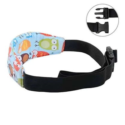 Kids safety head support band with black strap and owl animal patterned padding