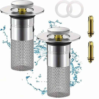 Pair of pop-up sink stoppers with chrome caps and stainless mesh hair-catching baskets
