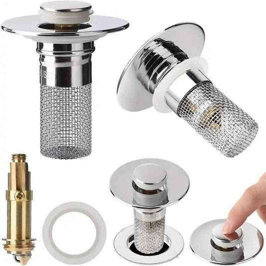 Pop-up sink stopper with stainless mesh filter basket, lift knob, and gasket parts