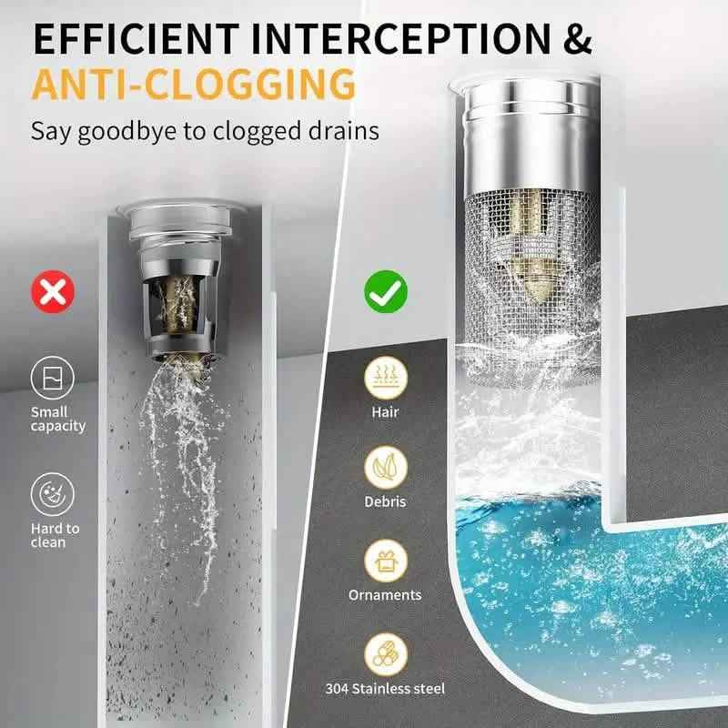 Stainless pop-up sink stopper with mesh hair filter basket and water splash effect