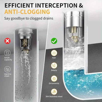 Stainless pop-up sink stopper with mesh hair filter basket and water splash effect