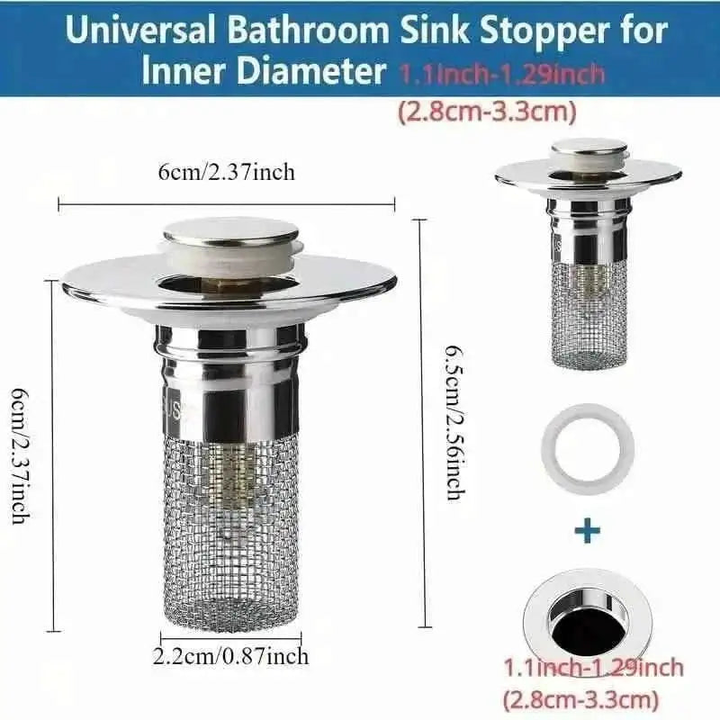 Universal bathroom sink stopper with chrome cap, stainless mesh hair catcher, and gasket