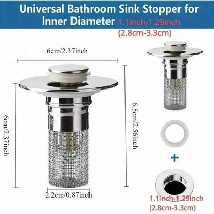 Universal bathroom sink stopper with chrome cap, stainless mesh hair catcher, and gasket