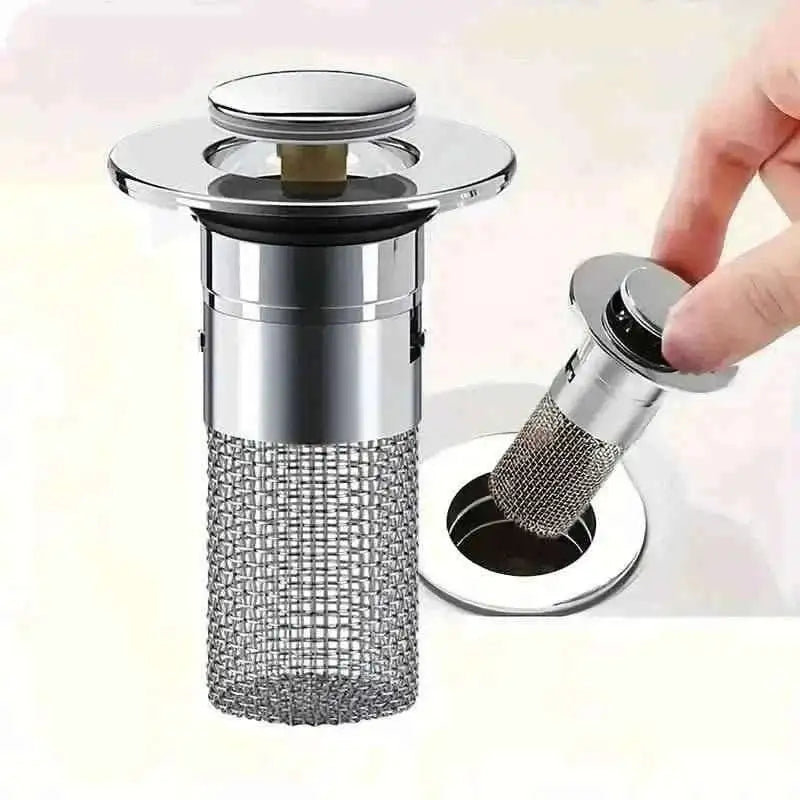 Stainless steel pop-up bathroom sink stopper with mesh hair catcher basket