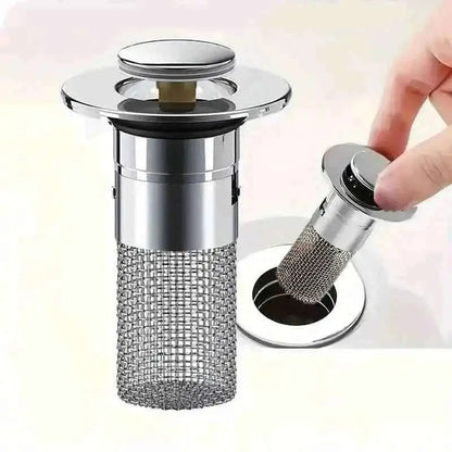 Stainless steel pop-up bathroom sink stopper with mesh hair catcher basket