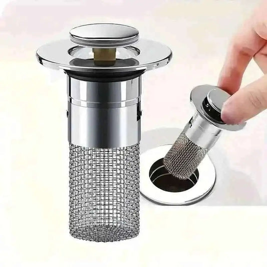 Stainless steel pop-up bathroom sink stopper with mesh hair catcher basket