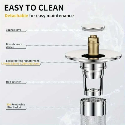 Chrome and stainless steel pop-up sink stopper with mesh filter basket and removable parts