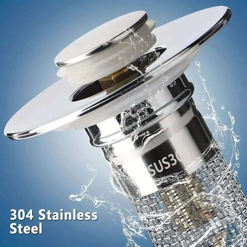 Chrome pop-up sink stopper with stainless mesh hair catcher basket and water splash