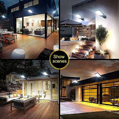 Solar outdoor street light set with bright LED lamps along a patio walkway at night