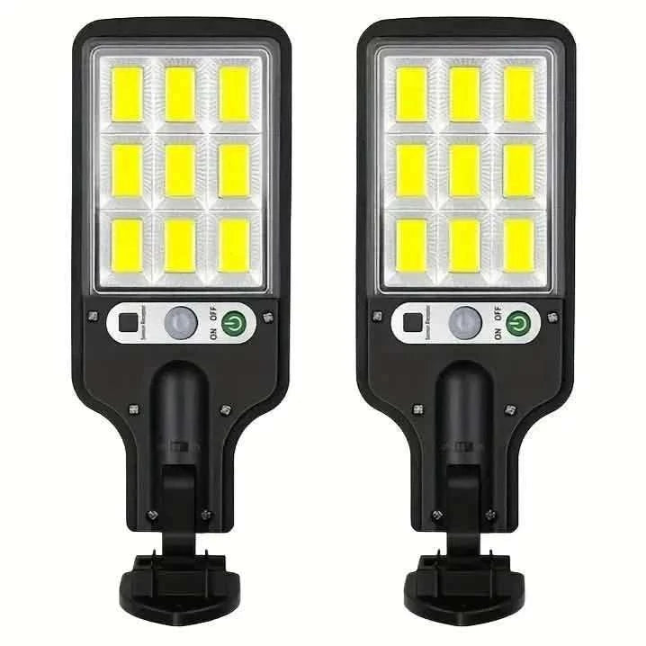 Solar street light, black housing with square LED array and motion sensor controls