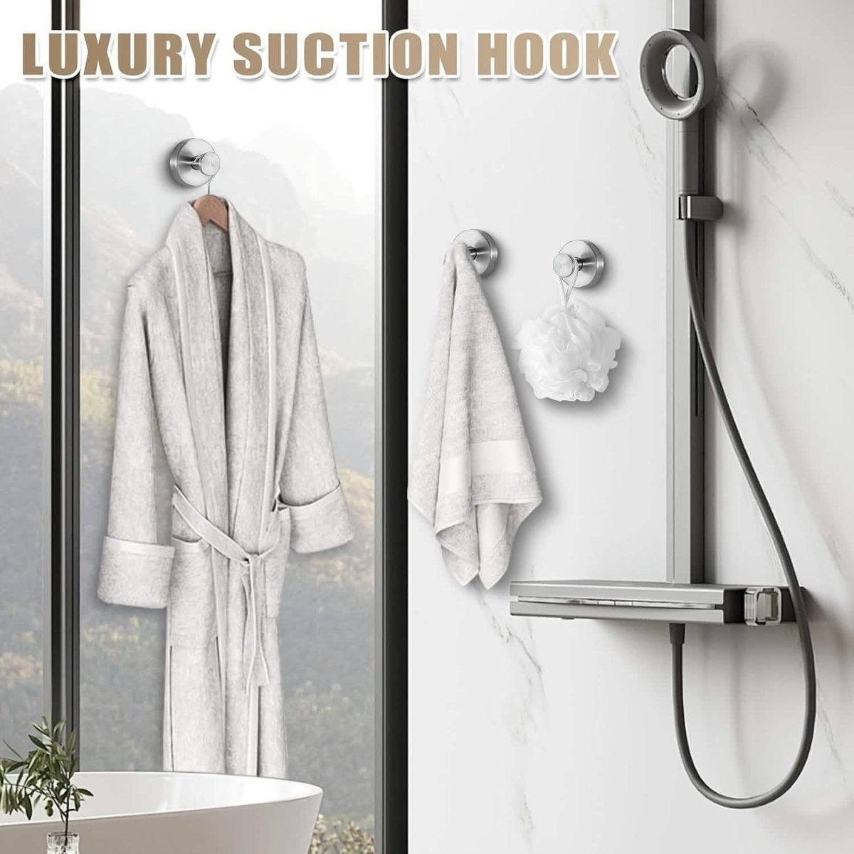 2 - Pack: Strong Suction Cup Hooks – Silver Brushed Stainless Steel, No Drilling Required - Cartsfy Inc.