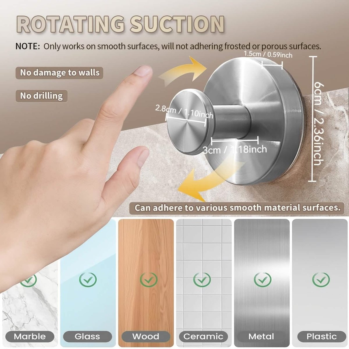 2 - Pack: Strong Suction Cup Hooks – Silver Brushed Stainless Steel, No Drilling Required - Cartsfy Inc.