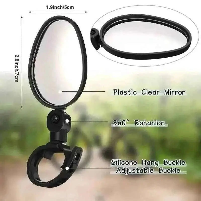 Oval bicycle mirror with black plastic housing and adjustable clamp mount