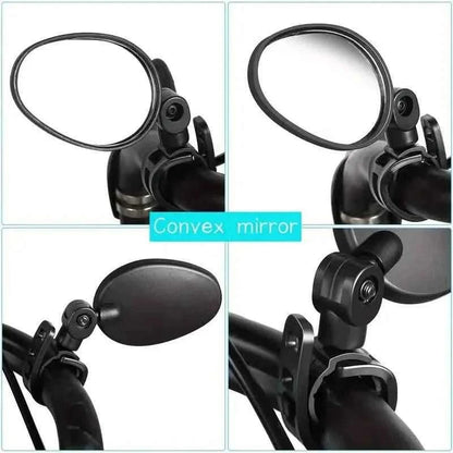 Black convex bicycle mirrors with adjustable clamp mounts, side view of two mirrors