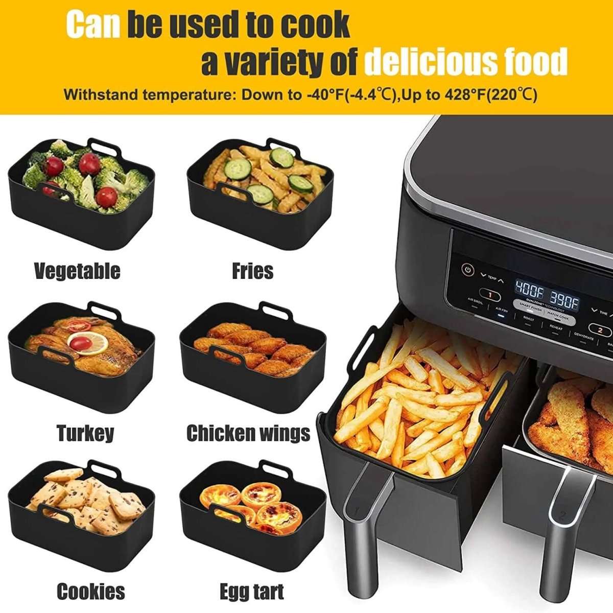 Silicone air fryer pot set with handles, shown with assorted cooked foods