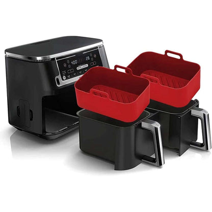 Silicone air fryer pot set, two red baskets with handles for dual cooking