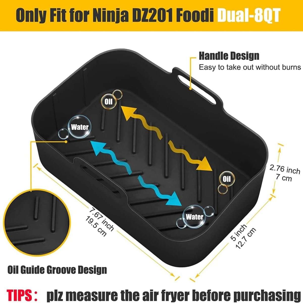 Black silicone air fryer pot with side handle and ridged cooking base