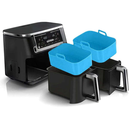 Silicone air fryer pot set, two blue baskets with handles for dual cooking