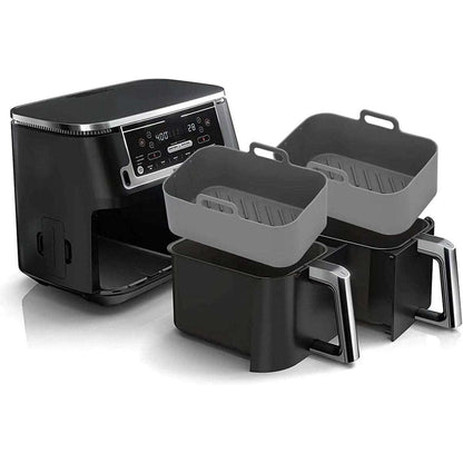 Silicone air fryer pot set, two gray baskets with handles for dual cooking