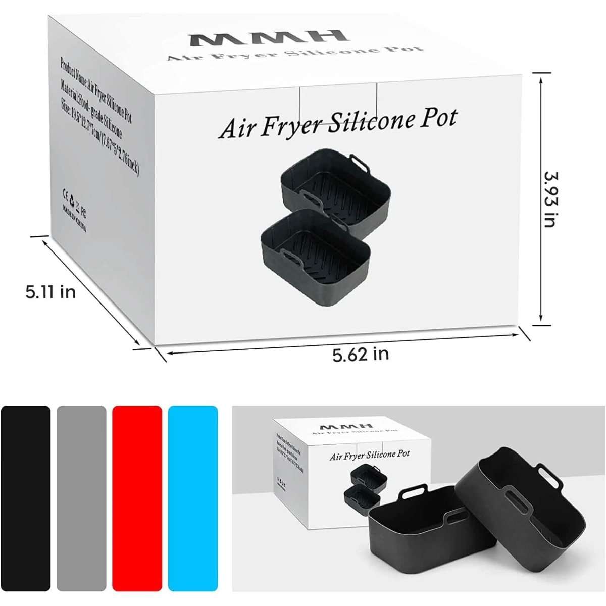 Air fryer silicone pot set shown with two baskets in black and gray