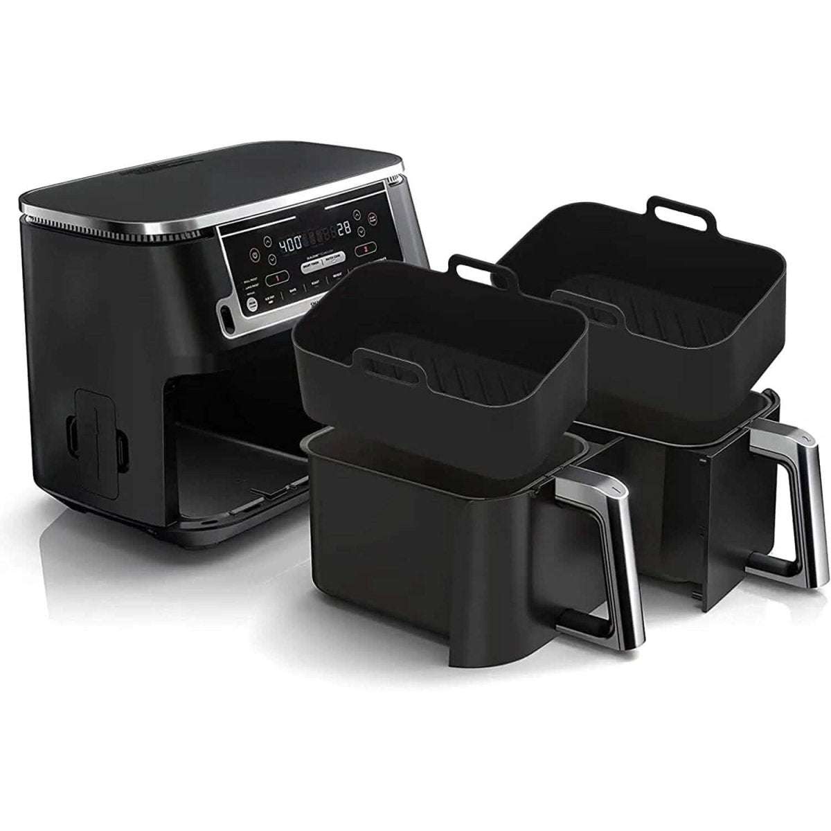 Silicone air fryer pot set, two black baskets with handles for dual cooking