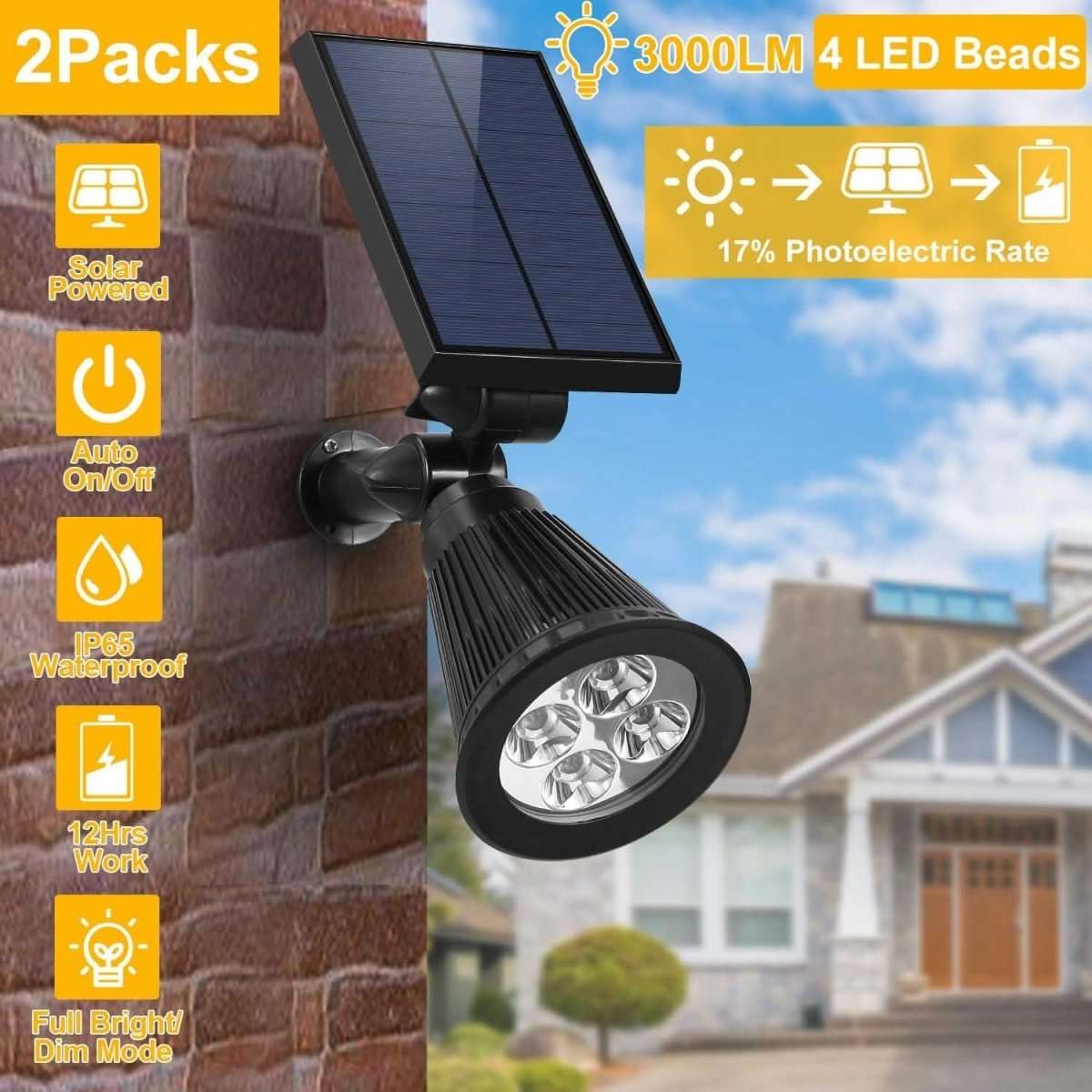 Solar outdoor spotlight with round LED array and solar panel, black wall-mount style