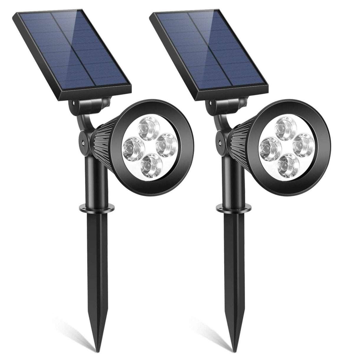 Two solar spotlight lights with black stakes, round multi-LED heads, and solar panels
