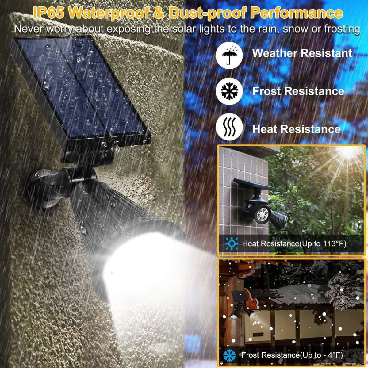 Solar spotlight with solar panel and round LED head shown in heavy rain spray