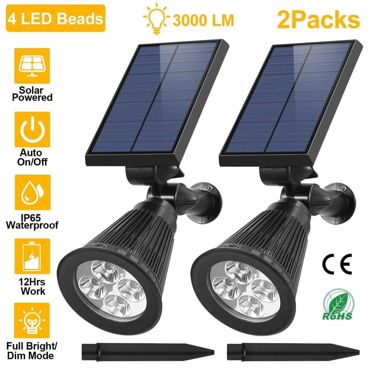 Two-pack solar spotlights with round LED heads and foldable solar panels