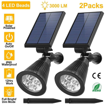 Two-pack solar spotlights with round LED heads and foldable solar panels