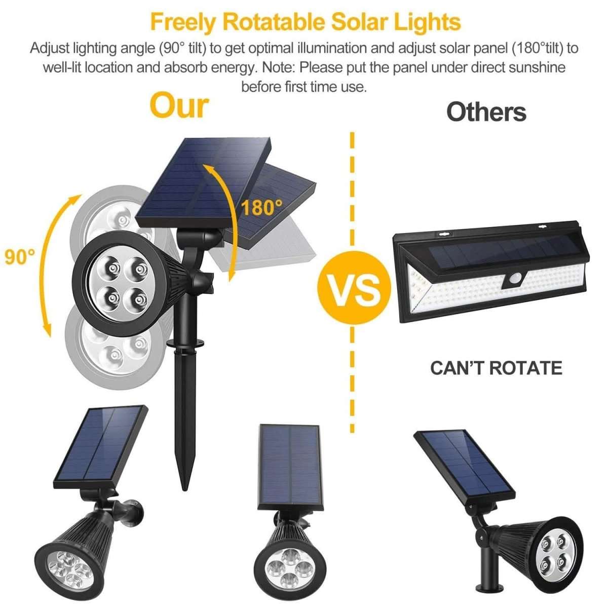 Solar spotlight with adjustable tilting solar panel and round LED head on stake