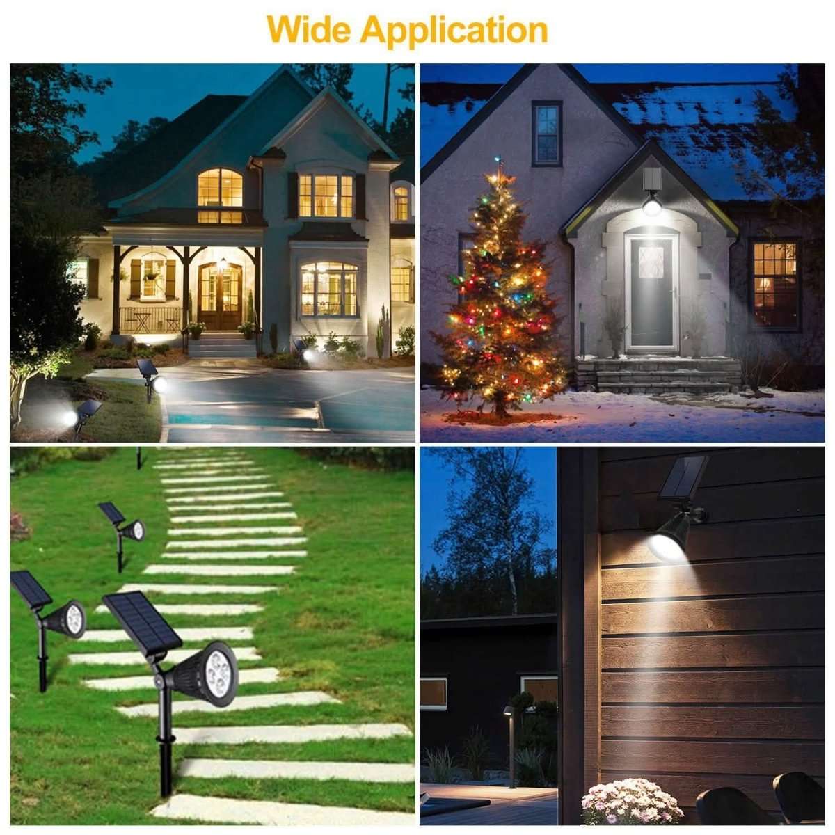 Solar path spotlights lighting a lawn walkway and house entry area outdoors