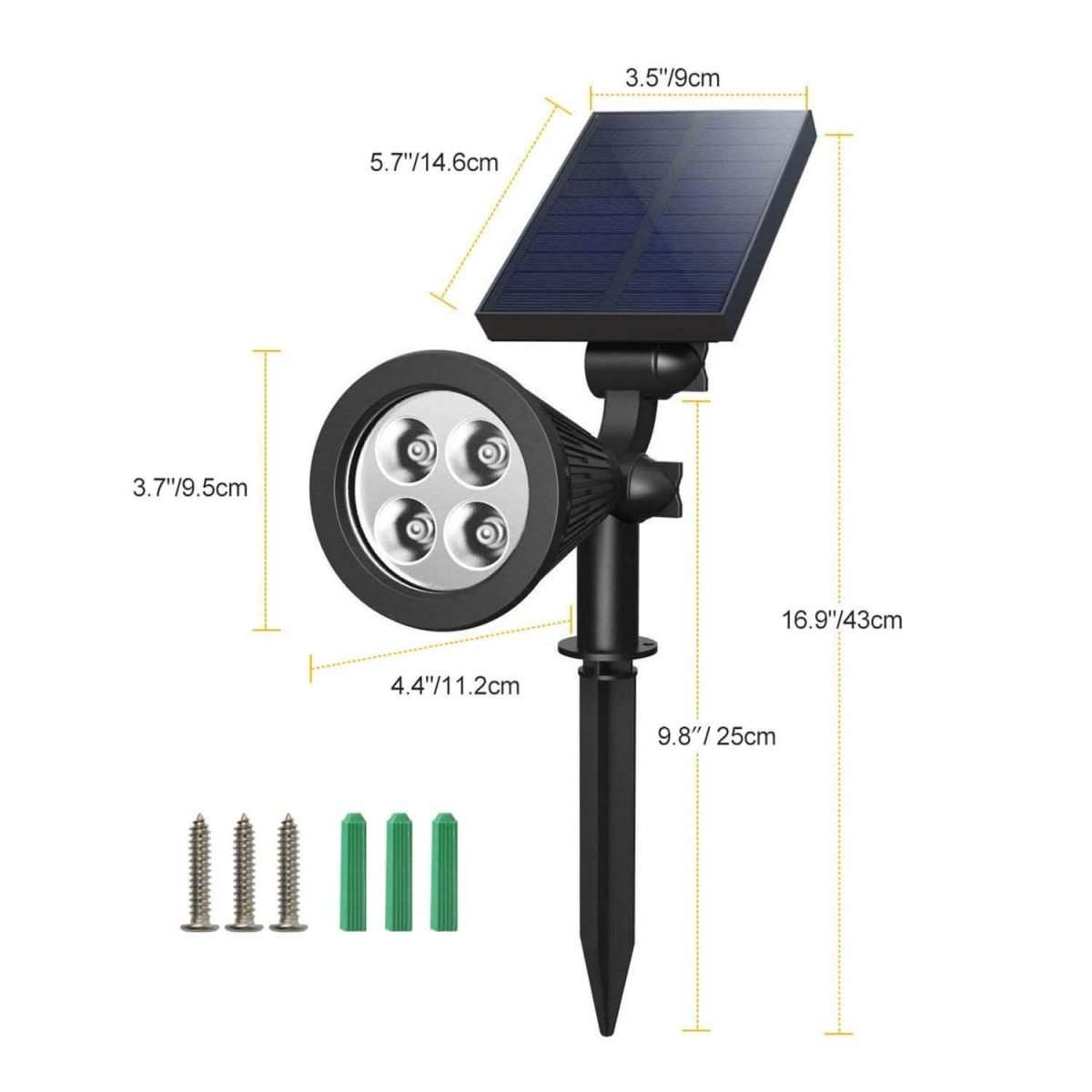 Solar spotlight with round LED head, solar panel, garden stake, and mounting screws