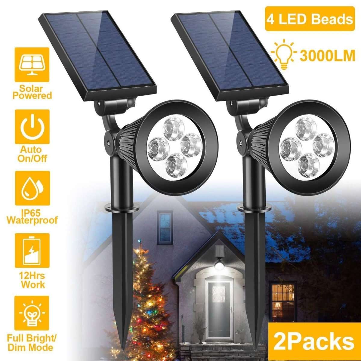 Solar-powered outdoor spotlight set, two black round LED heads with solar panels