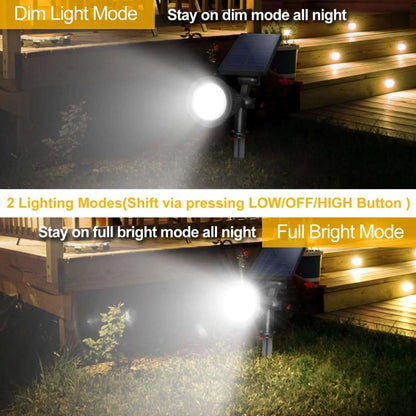 Solar spotlights showing dim and full-bright lighting on outdoor wall and grass