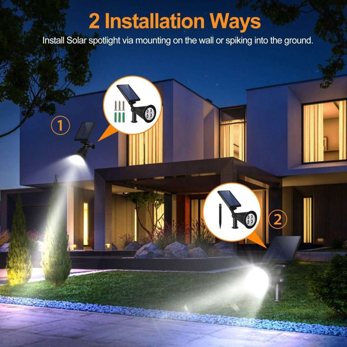Solar spotlight with round LED head and solar panel, shown for wall or ground mounting