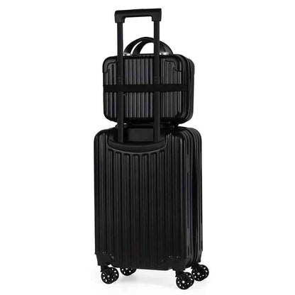 Black 20 in carry-on spinner suitcase with telescoping handle and four wheels