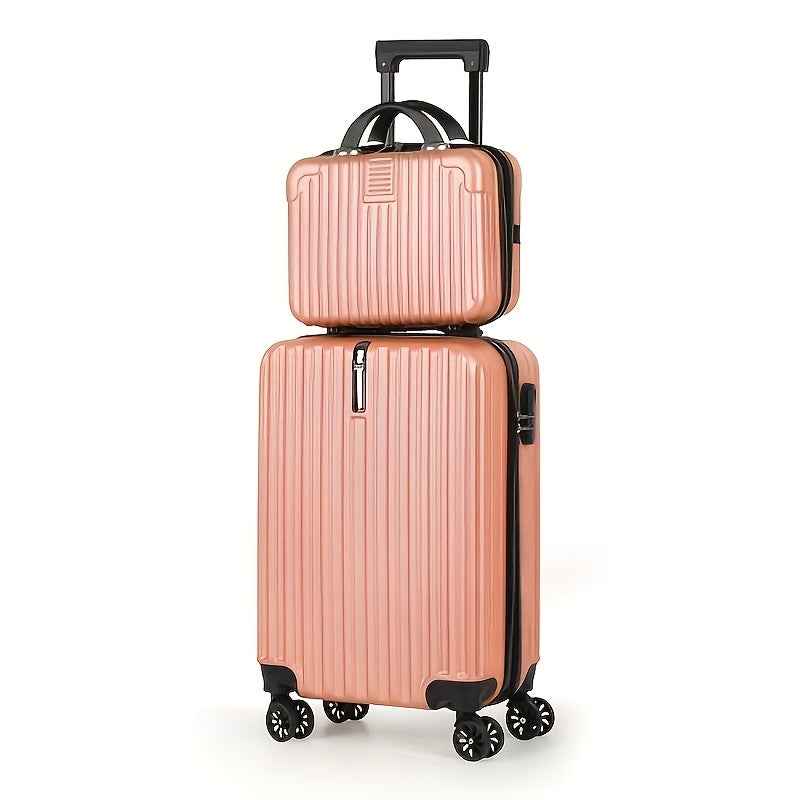 Rose gold 20 in carry-on spinner suitcase with telescoping handle and four wheels