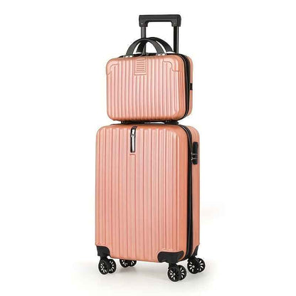 Rose gold 20 in carry-on spinner suitcase with telescoping handle and four wheels