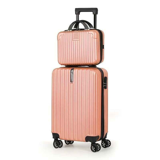 Rose gold 20 in carry-on spinner suitcase with telescoping handle and four wheels