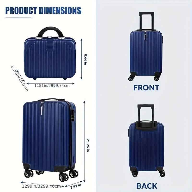 Blue spinner suitcase set with small bag shown in front and back views