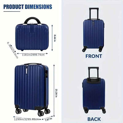 Blue spinner suitcase set with small bag shown in front and back views